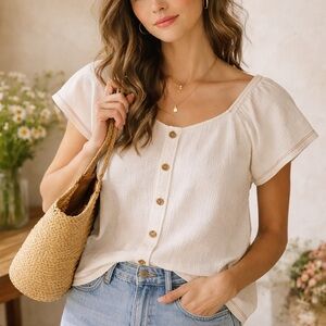 Textured Cotton Blouse Anthro Madewell Style Boho Feminine Natural Fabric S/M